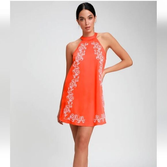 NWT Lulus Fabiola Coral Orange Embroidered Halter Shift Dress S - Picture 2 of 14